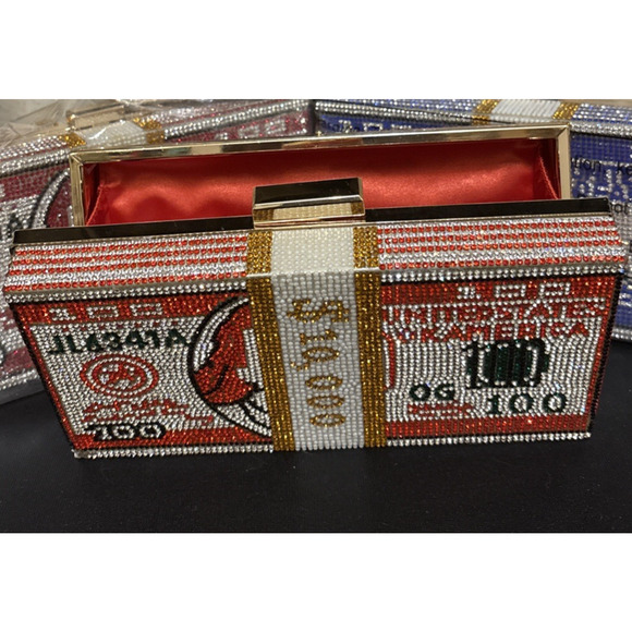 Red Rhinestone Dollar Sign Clutch Evening Bag Crystal Money Purse Party Bling - Picture 2 of 3
